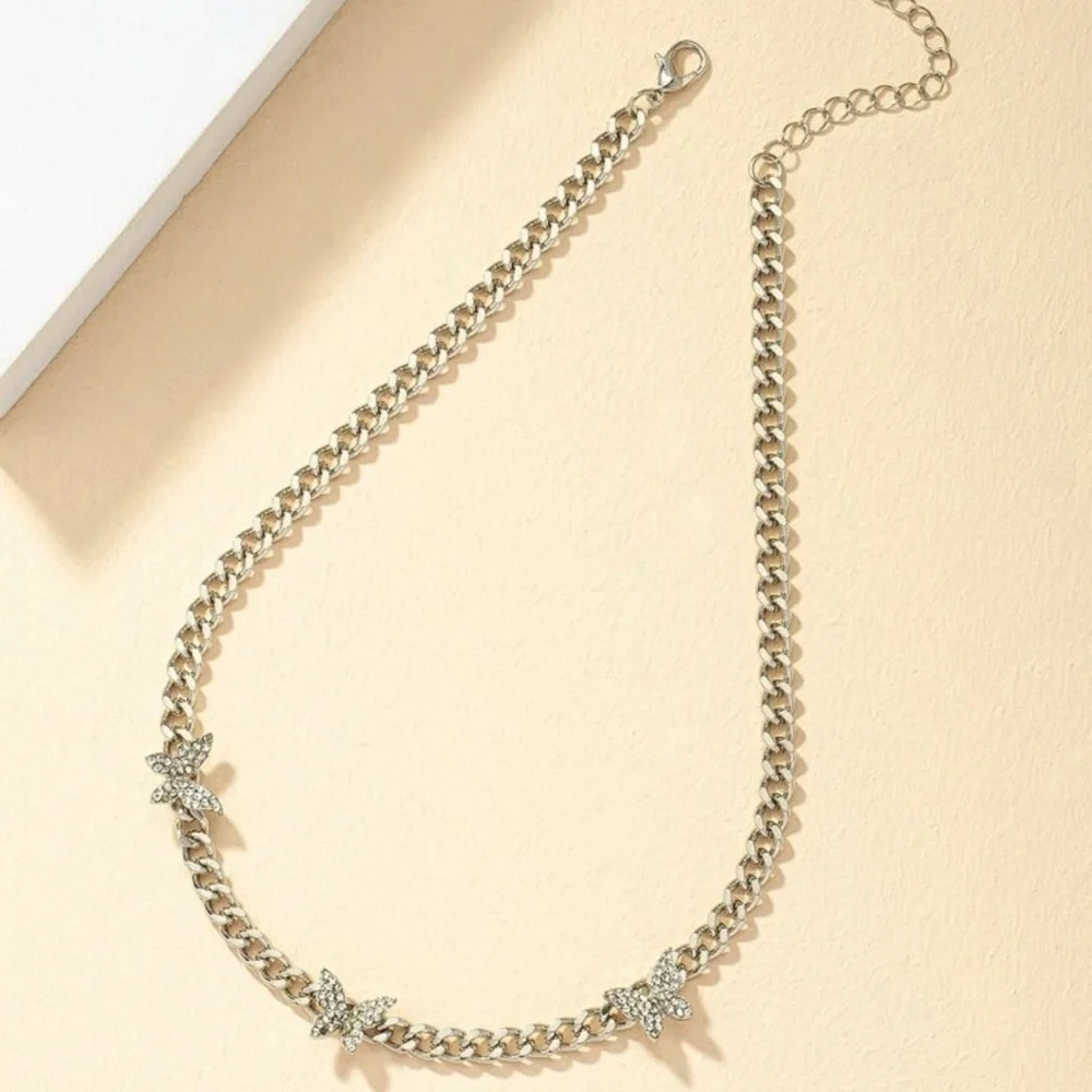 Silver Rhinestone Butterfly Choker Necklace - Picture 3 of 3